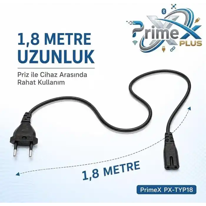 PrimeX PX-TYP18 1.8 Metre Original C7 Euro Teyip Power Kablosu, 2 Pin Sekiz Tip TV Güç Kablosu, PS5 PS4 PS3 Xbox Series LED TV Radyo Teyp DVD TV Box ve C7 Girişli Cihazlar İçin Full Bakır Power Kablo