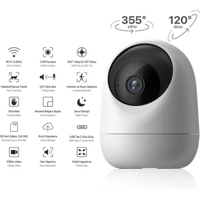 Xenon Smart Ev Kamerası 3MP WiFi Güvenlik Kamerası Mobil Kontrol Çift Yönlü Ses 350° PTZ Gece Görüş İç Mekan X7205