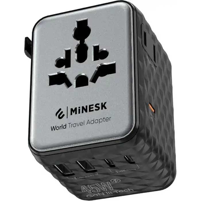 Minesk 45W GaN III Evrensel Seyahat Adaptörü, 200+ Ülke Uyumlu Uluslararası Priz Dönüştürücü (US/UK/EU/AUS) - 3 Type-C & 2 USB-A Port, 2 AC Çıkışı - 10A Çift Sigortalı Hızlı Şarj Cihazı