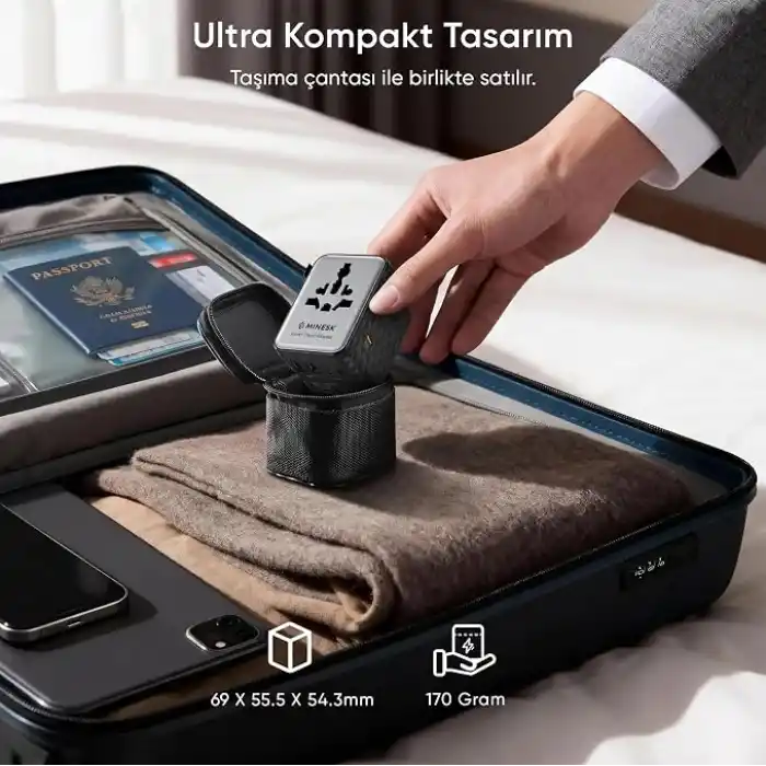 Minesk 45W GaN III Evrensel Seyahat Adaptörü, 200+ Ülke Uyumlu Uluslararası Priz Dönüştürücü (US/UK/EU/AUS) - 3 Type-C & 2 USB-A Port, 2 AC Çıkışı - 10A Çift Sigortalı Hızlı Şarj Cihazı