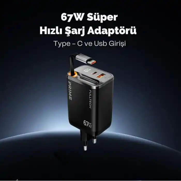 67w GaN Hızlı Şarj Adaptörü, Şarj Cihazı, 1x Type-C Girişi, 1x Usb Girişi, Dijital Gösterge, Güçlü Performans, Şarj Başlığı, Aşırı gerilim, kısa devre, ısınma ve akım koruması