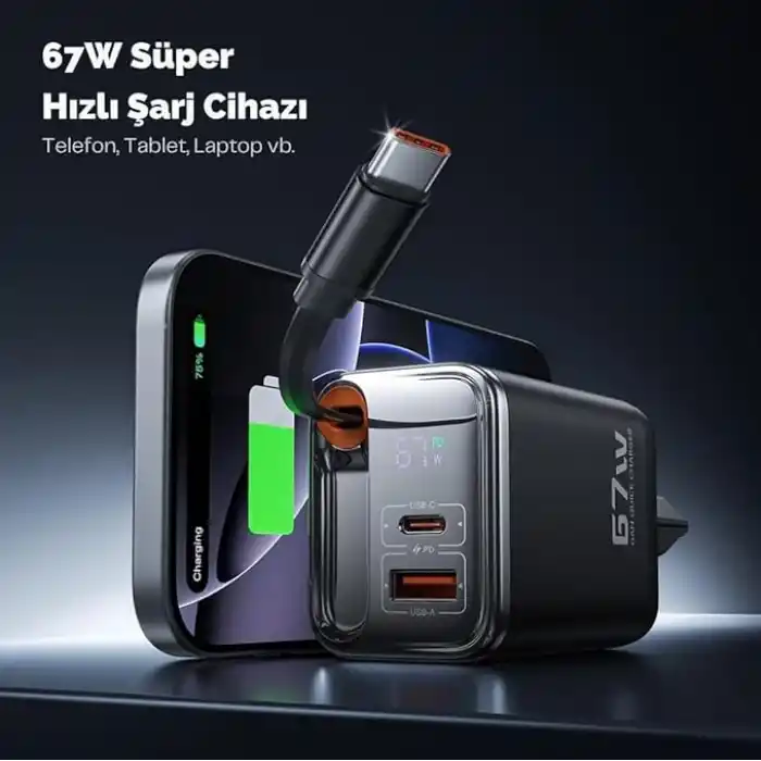 67w GaN Hızlı Şarj Adaptörü, Şarj Cihazı, 1x Type-C Girişi, 1x Usb Girişi, Dijital Gösterge, Güçlü Performans, Şarj Başlığı, Aşırı gerilim, kısa devre, ısınma ve akım koruması
