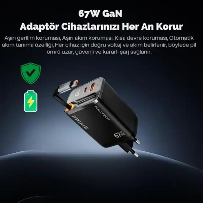 67w GaN Hızlı Şarj Adaptörü, Şarj Cihazı, 1x Type-C Girişi, 1x Usb Girişi, Dijital Gösterge, Güçlü Performans, Şarj Başlığı, Aşırı gerilim, kısa devre, ısınma ve akım koruması