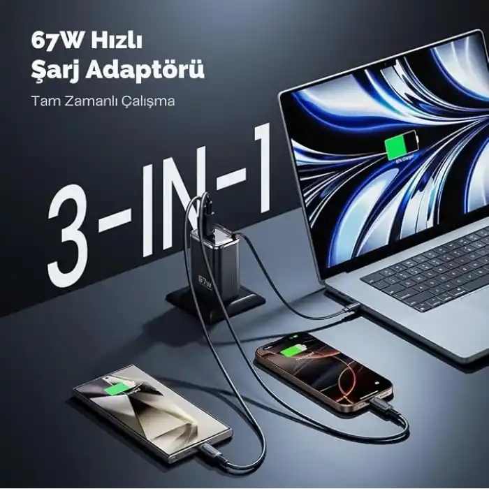 67w GaN Hızlı Şarj Adaptörü, Şarj Cihazı, 1x Type-C Girişi, 1x Usb Girişi, Dijital Gösterge, Güçlü Performans, Şarj Başlığı, Aşırı gerilim, kısa devre, ısınma ve akım koruması