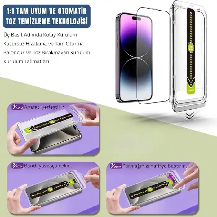 Ehr. iPhone 17 ile Uyumlu Darbelere Karşı Maksimum Koruma Sağlayan ve Kolay Uygulama Aparatlı Hiçbir Şekilide Telefonda Toz Bırakmayan Cam (iPhone 17)