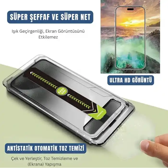 Ehr. iPhone 17 ile Uyumlu Darbelere Karşı Maksimum Koruma Sağlayan ve Kolay Uygulama Aparatlı Hiçbir Şekilide Telefonda Toz Bırakmayan Cam (iPhone 17)