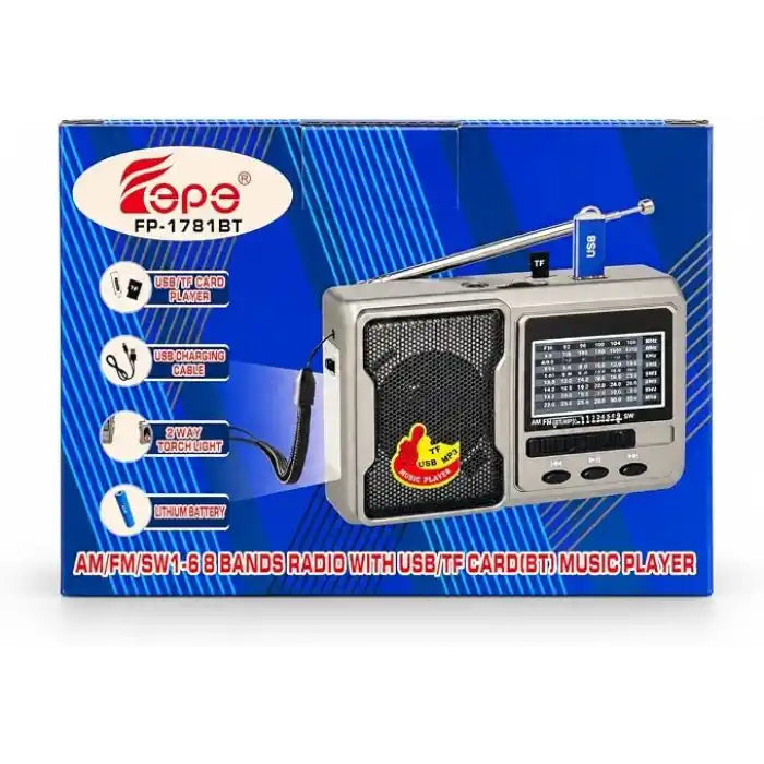 FP-1781BT Mini Cep Radyosu Bluetooth Hoparlör FM Radyo LED Işıklı Şarjlı USB Micro SD MP3 Desteği AUX Kulaklık Çıkışı