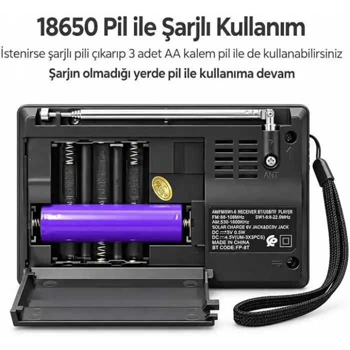 FP-1781BT Mini Cep Radyosu Bluetooth Hoparlör FM Radyo LED Işıklı Şarjlı USB Micro SD MP3 Desteği AUX Kulaklık Çıkışı
