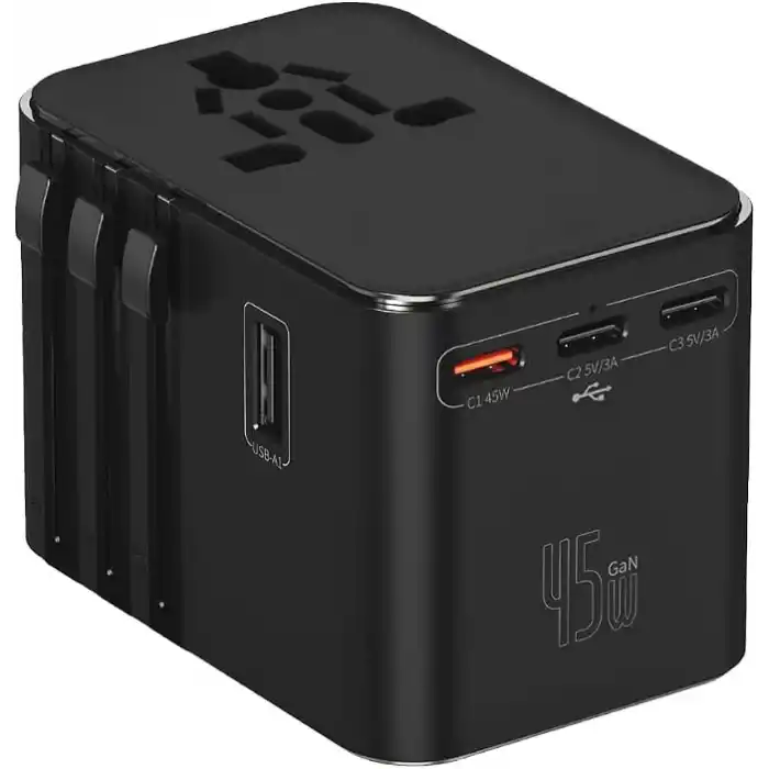 45W Şarj Cihazı ve 2x USB ve 3x TYPE-C Girişli Universal Seyahat Adaptörü, Priz Dönüştürücü 200den Fazla Ülke ile Uyumlu, ABD, İngiltere, AUS, AB