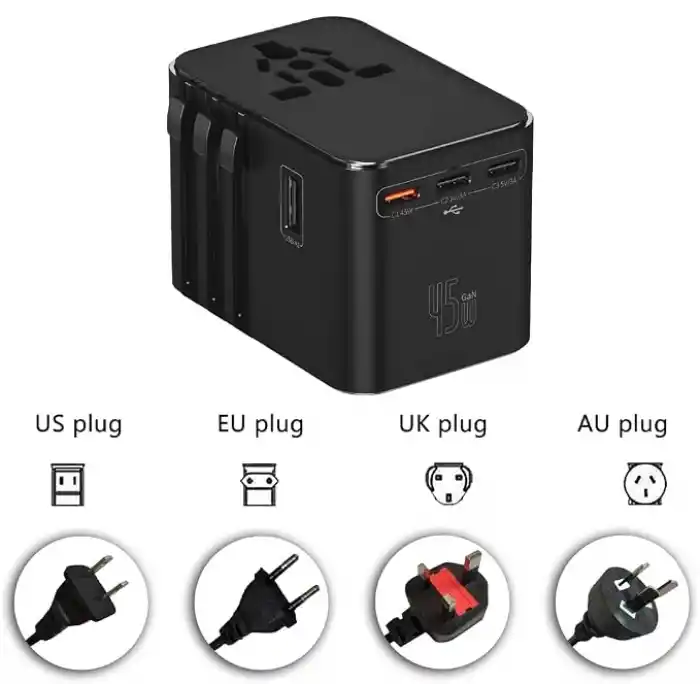 45W Şarj Cihazı ve 2x USB ve 3x TYPE-C Girişli Universal Seyahat Adaptörü, Priz Dönüştürücü 200den Fazla Ülke ile Uyumlu, ABD, İngiltere, AUS, AB