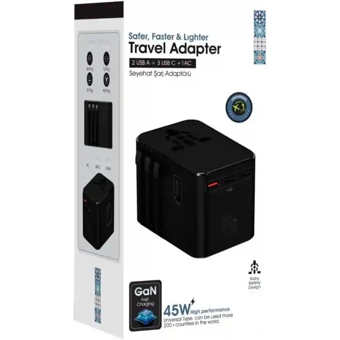 45W Şarj Cihazı ve 2x USB ve 3x TYPE-C Girişli Universal Seyahat Adaptörü, Priz Dönüştürücü 200den Fazla Ülke ile Uyumlu, ABD, İngiltere, AUS, AB