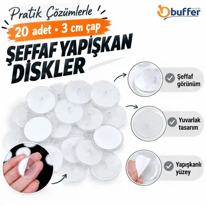 Dayanıklı Şeffaf Yapışkan Diskler 3 Cm Çapında 20 Adet Set