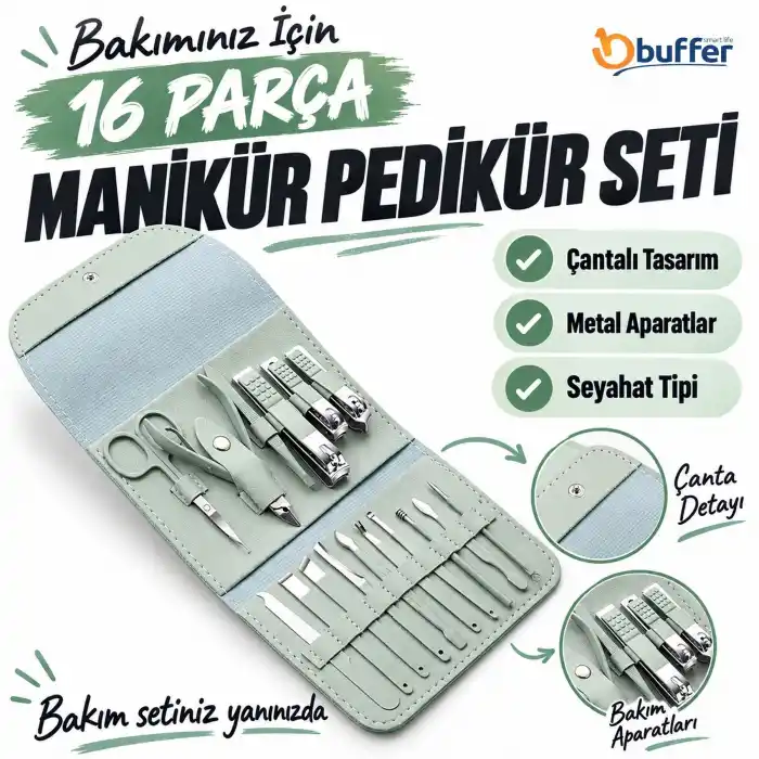 Ergonomik Seyahat İçin 16 Parça Manikür ve Pedikür Seti