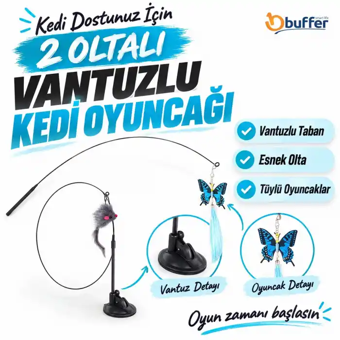 Eğlenceli Vantuzlu Zilli Kedi Olta Oyuncağı 2 Tüy Seti