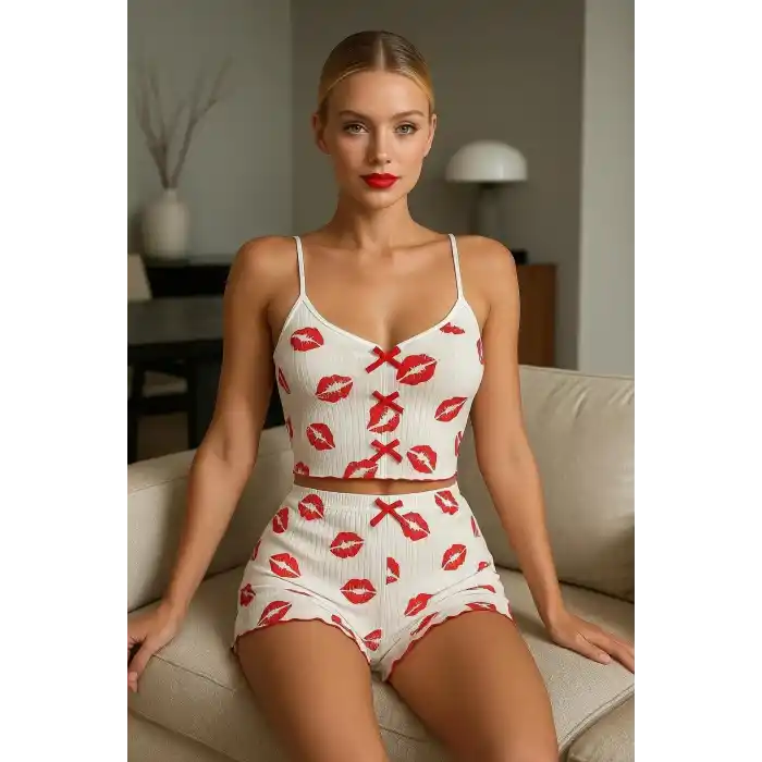 Dudak Desenli Şortlu Pijama Takımı