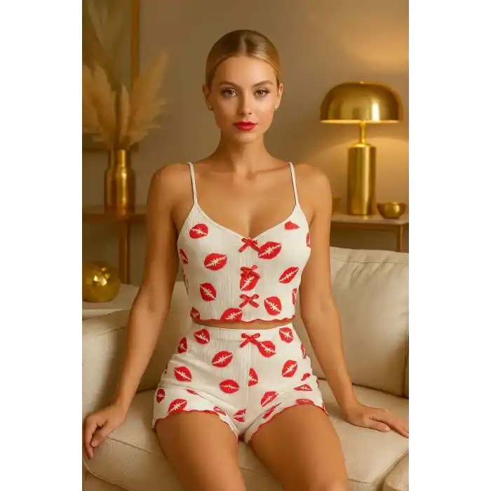 Dudak Desenli Şortlu Pijama Takımı