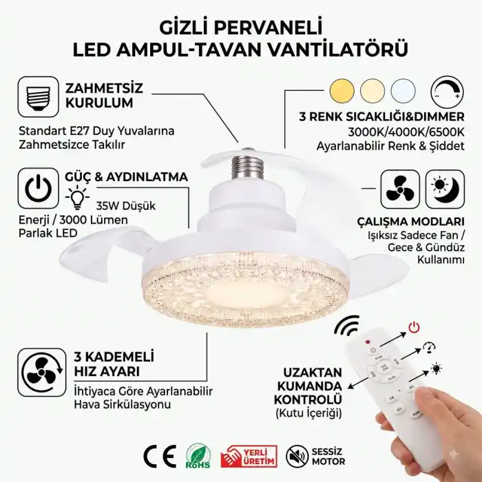 Modern Gizli Pervaneli LED Ampul 35 Watt Tavan Vantilatörü