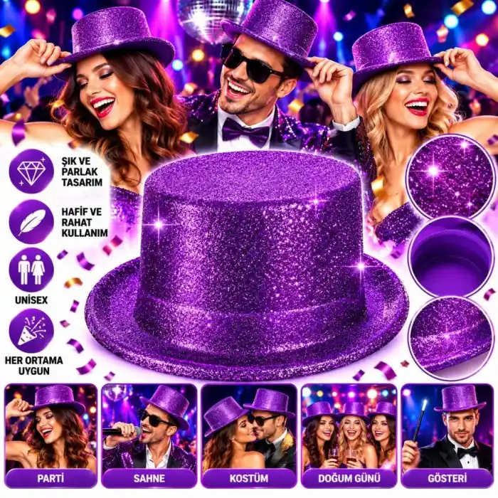 Simli Mor Glitter Silindir Parti Şapkası 1 Adet
