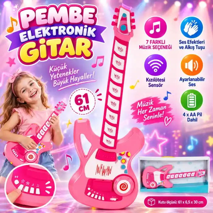 Şık Pembe Elektronik Gitar 61 cm Çocuklar için