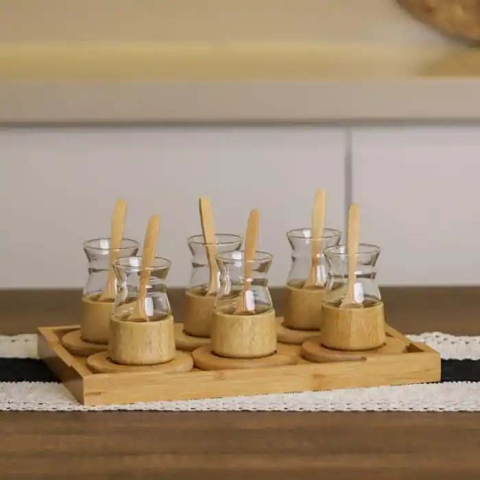 TCX 18 PARÇA BAMBU ÇAY SETİ - 6 ÇAY BARDAĞI - BOROSİLİKAT CAM