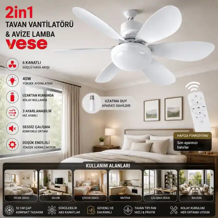 TCX 6 Kanatlı Kumandalı 2in1 Tavan Vantilatör Avize 40W
