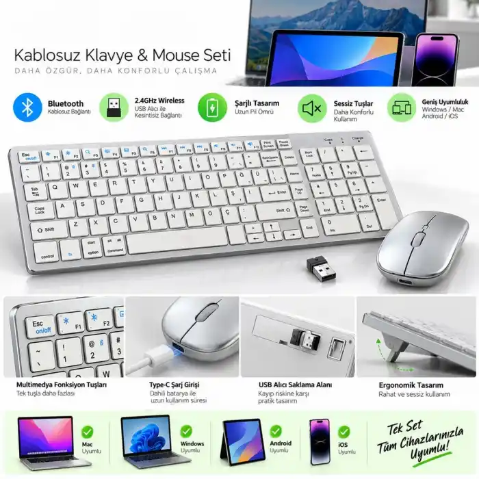 TCX 835 Mac Model Wireless Klavye Mouse Set Silver ZR701