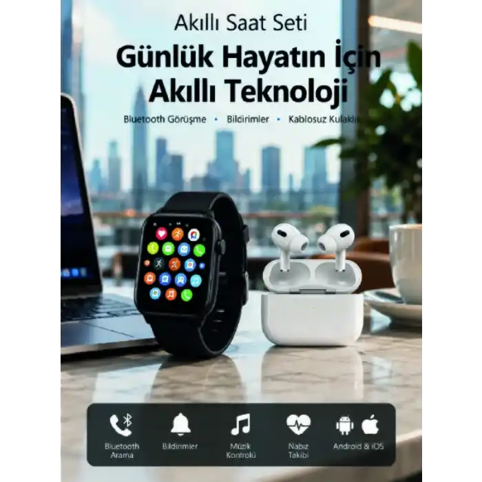 TCX Bluetooth Arama Özellikli Akıllı Saat Seti Kablosuz Kulaklık Hediyeli, Android & iOS Uyumlu