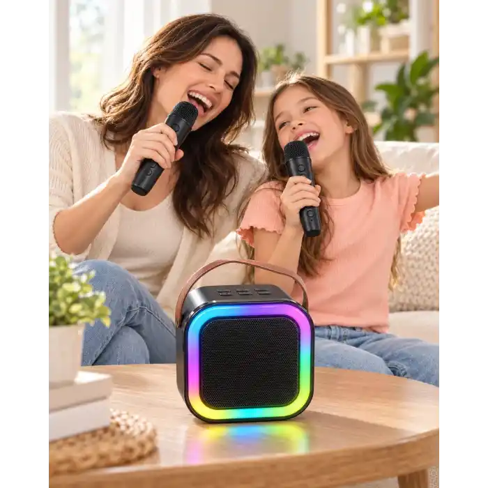 TCX Çift Kablosuz Mikrofonlu Led Işıklı Bluetooth Karaoke Hoparlör Seti