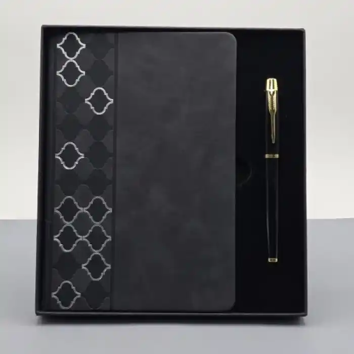 TCX  Desenli Siyah Deri Defter Kalem Set