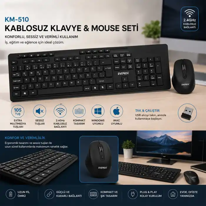 TCX KABLOSUZ MULTİMEDİA KLAVYE - MOUSE SETİ SİYAH Q KLAVYE KM-510