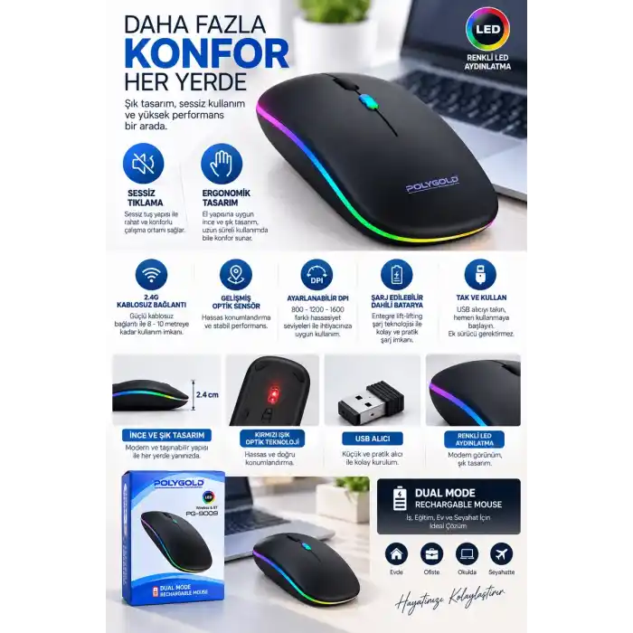 TCX Kablosuz Şarjlı Sessiz Tıklamalı Ergonomik Mouse