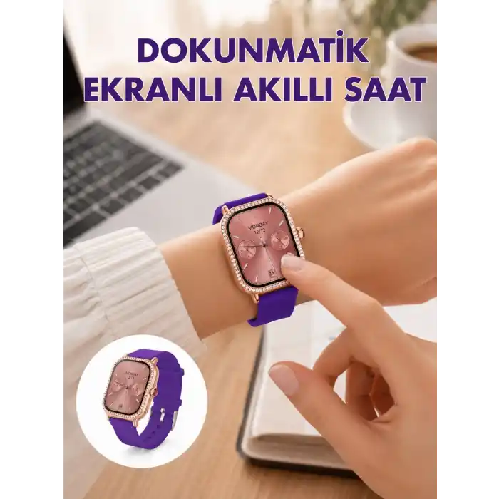 TCX Pembe Mor ve Metal Kordonlu Akıllı Saat Hediye Seti