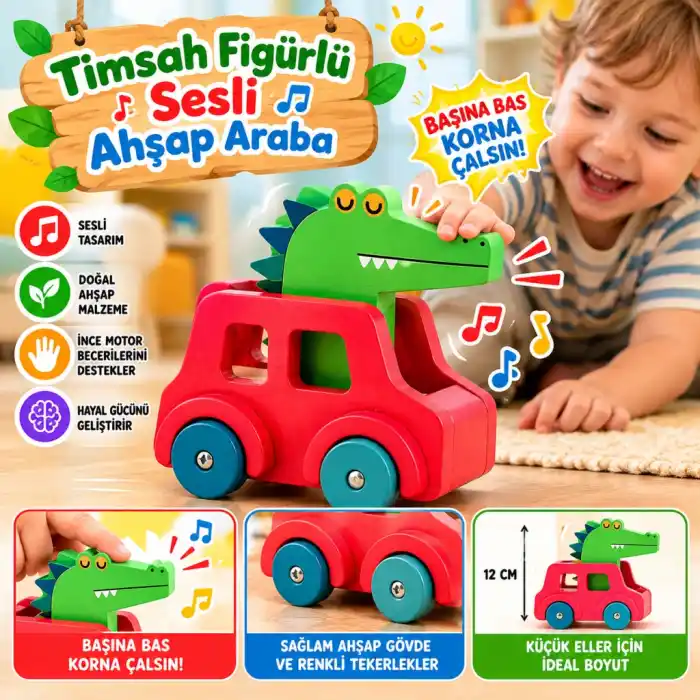 TCX Timsah Figürlü Sesli Ahşap Araba