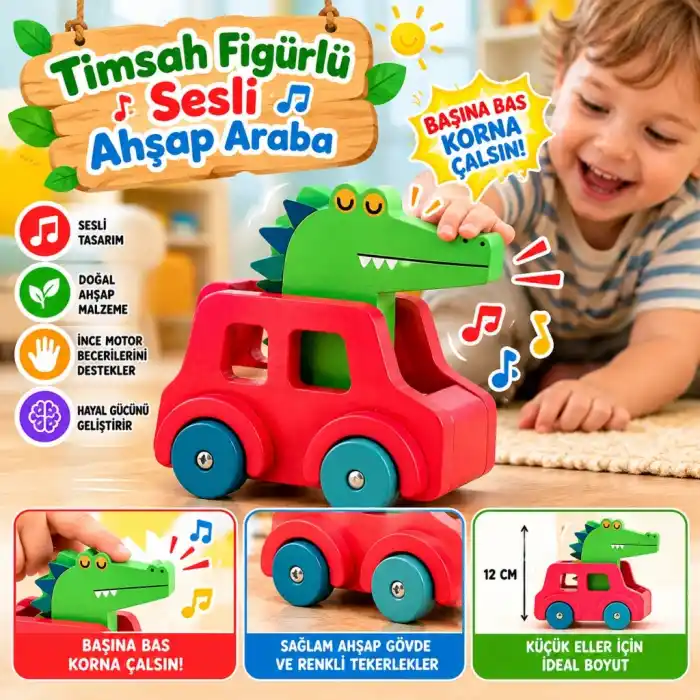 TCX ® Timsah Figürlü Sesli Ahşap Araba