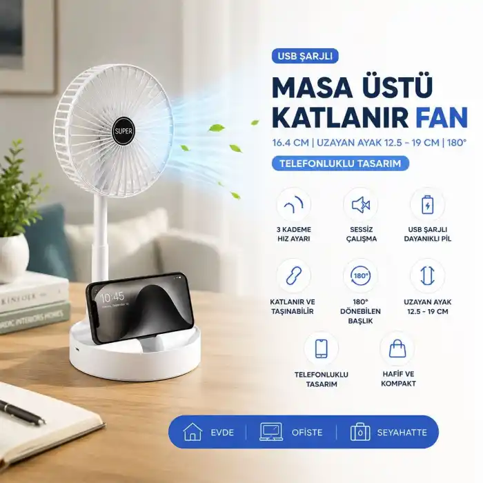 TCX USB Şarjlı Katlanır Masaüstü Vantilatör (16.4 Cm)