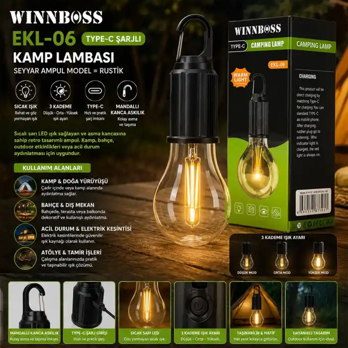 TCX USB Şarjlı Rustik Kamp Lambası - 3 Kademe, Mandallı Askılı