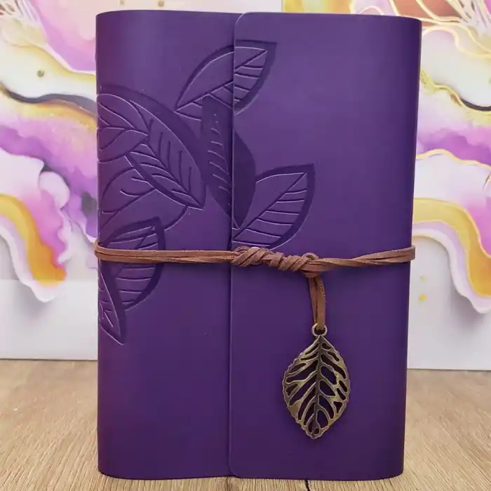 Mor Yaprak Desenli Deri Defter 75 Yapraklı Ajanda