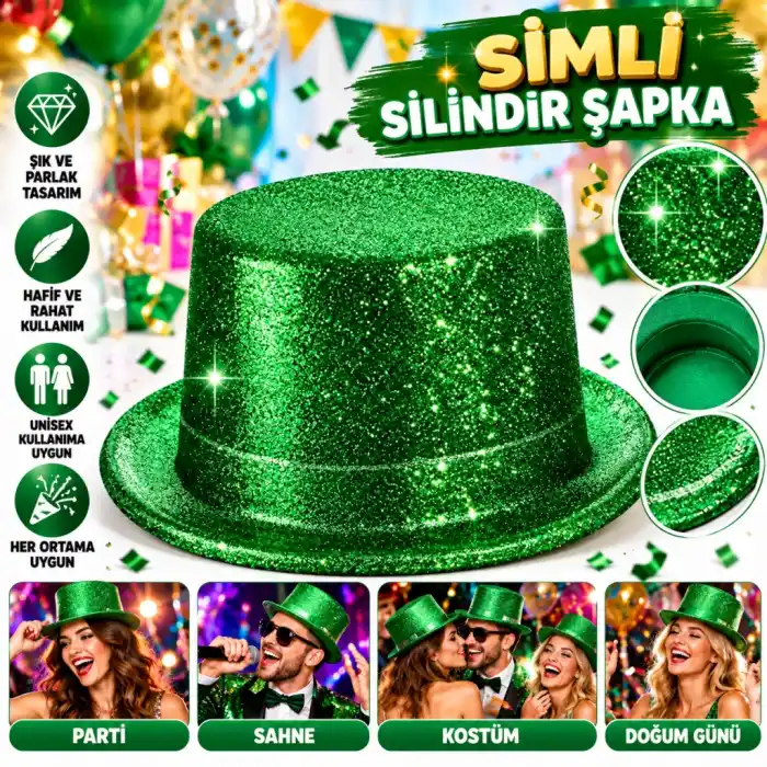 Simli Yeşil Parti Şapkası 1 Adet Eğlenceli Tasarım