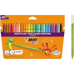 BIC Kids Kid Couleur Ultra Yıkanabilir Keçeli Boya Kalemi 24 Renk, Kolayca Çoğu Kumaştan Çıkar, Su Bazlı Keçeli Kalem