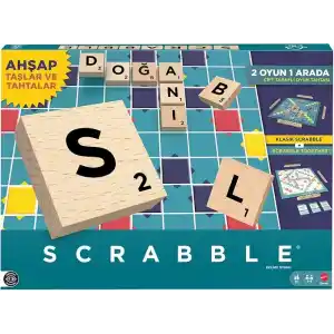 Mattel Games Scrabble kutu oyunu, aileyle birlikte kelime bulma eğlencesi, ahşap harf taşları ve taş tahtaları, iki oyun seçeneği, Türkçe, JLJ64