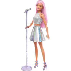 Barbie Pop Yıldızı Bebek ve mikrofon Parlak etek giyen, pembe saçlı, 3-7 yaş arası için hediye, JCW42