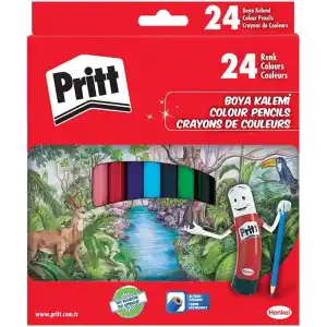 Pritt Kuru Boyalar, canlı renklerde boya kalemi, açması kolay ve dayanıklı silinebilir kalem, yumuşak mineli resim kalemi, kaliteli kırtasiye malzemesi, 24 renkli kalem