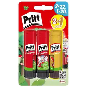 Pritt Stick Yapıştırıcı, 2+1 Simli ve Güvenli El işi Yapıştırıcısı, Hızlı ve Pratik Yapıştıran Okul ve Ofis Malzemesi, 2x22g+1x20g Pritt Stick Yapıştırıcı Sari