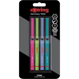 rOtring Fineliner, İnce Keçe Uçlu Kalem 0.4 mm, 4lü Paket, Canlı Renkler
