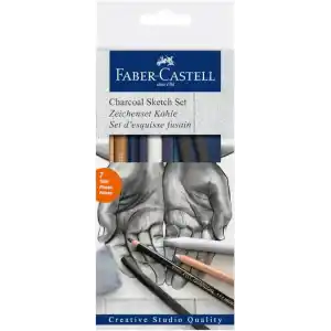 Faber-Castell Kömür Sketch Seti, 7 Parça, Kara Kalem Çizim ve Eskiz İçin, Yüksek Kalite, Silgi ve Karıştırma Kalemi Dahil