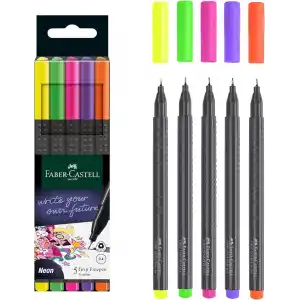 Faber-Castell Grip Finepen İnce Keçe Uçlu Kalem Seti, 5’li, Neon Renkler, 0.4 mm, Metal Destekli, Ergonomik Üçgen Gövde