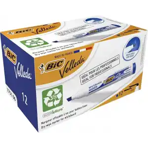 BIC Velleda 1751 Eco Kesik Uçlu Beyaz Tahta Kalemi, Mavi, 12li Kutu, 3,7 mm ile 5,5 mm Kalın Uç,Kuru Silinebilir Mürekkep