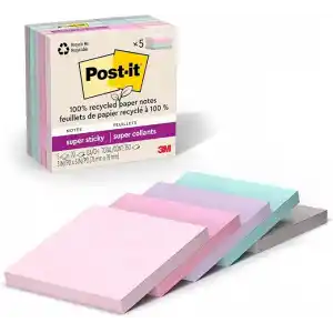 Post-it%100 Geri Dönüşümlü Kağıt Süper Yapışkan Notlar, 2X Yapıştırma Gücü, 3x3 inç, 5 Ped, 70 Yaprak/Ped, Wanderlust Pastel Koleksiyonu (654R-5SSNRP)