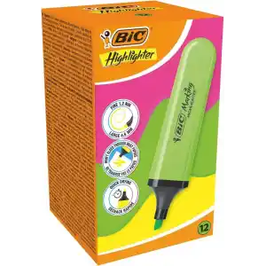 BIC Marking Flat Higlighter Fosforlu Kalem 12li Kutu, Yeşil Fosforlu Kalem, Su Bazlı, Hızlı Kuruyan Mürekkep
