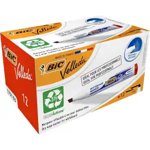 BIC Velleda 1751 Eco Kesik Uçlu Beyaz Tahta Kalemi, Kırmızı, 12li Kutu, 3,7 mm ile 5,5 mm Kalın Uç,Kuru Silinebilir Mürekkep
